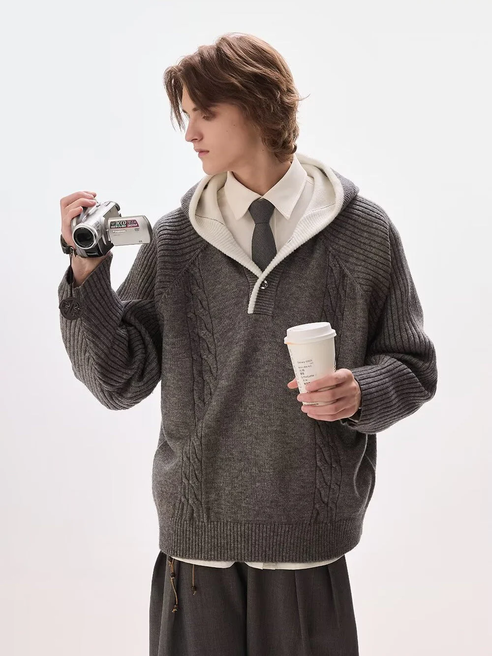 Layered-look Hooded Half-zip Color-block Sweater - Image 2