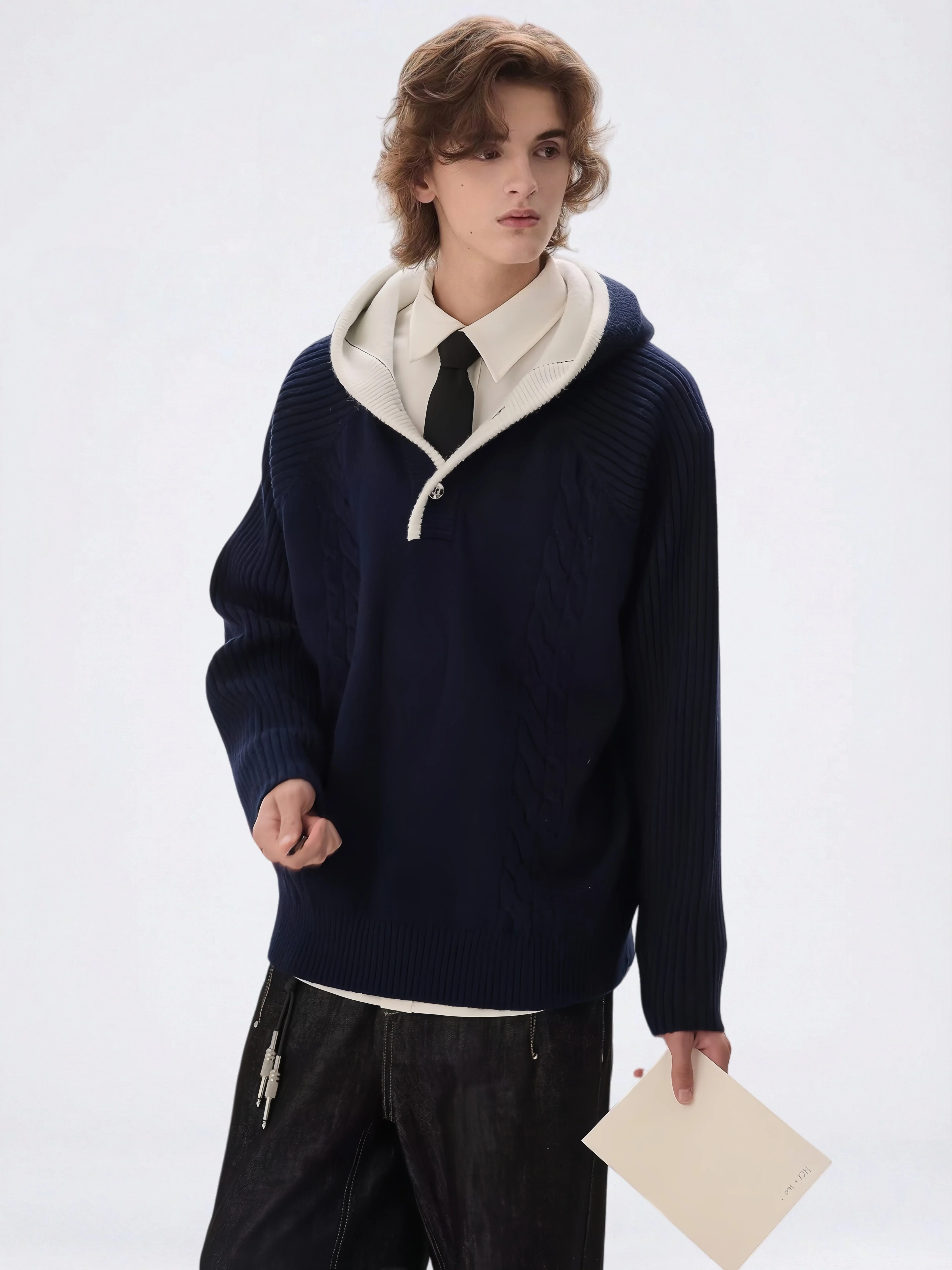 Layered-look Hooded Half-zip Color-block Sweater - Image 5