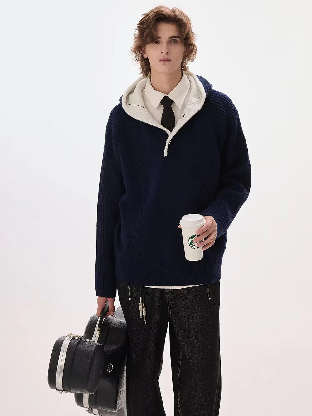Layered-look Hooded Half-zip Color-block Sweater - Image 6