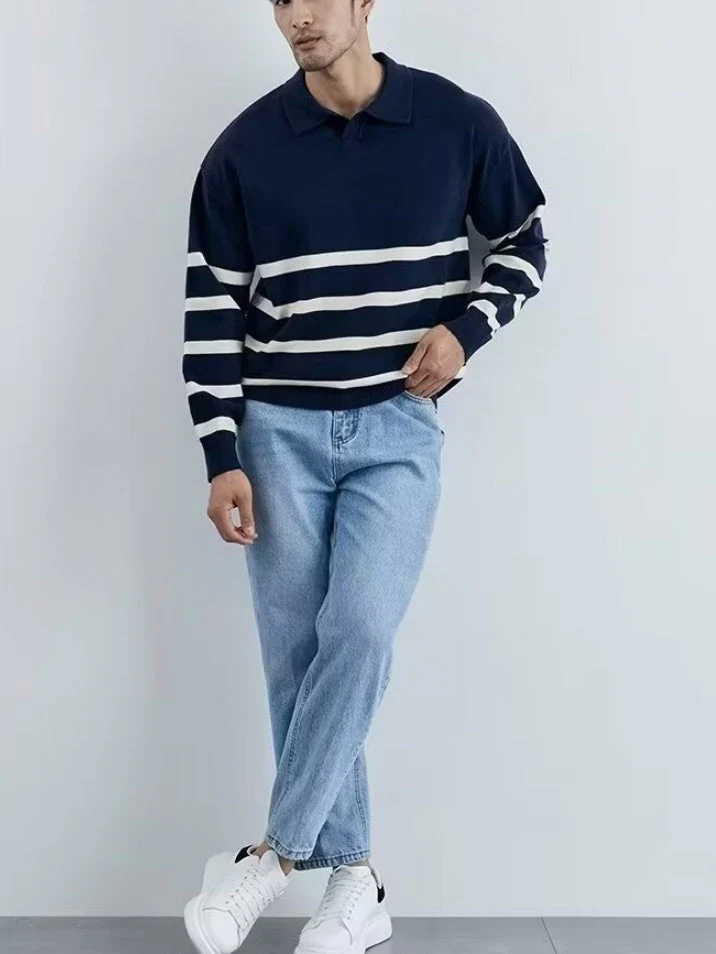 V-neck Stripes Knitting POLO Shirt - Image 3