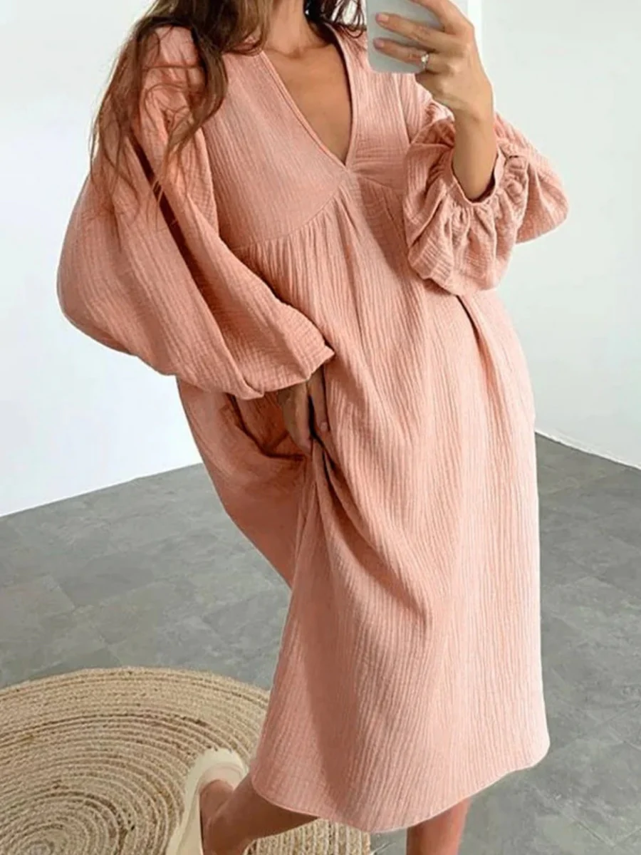 Cotton Blend Temperament V-neck Long Sleeve Loose-fit Home Vacation Mini&Short Dresses - Image 2
