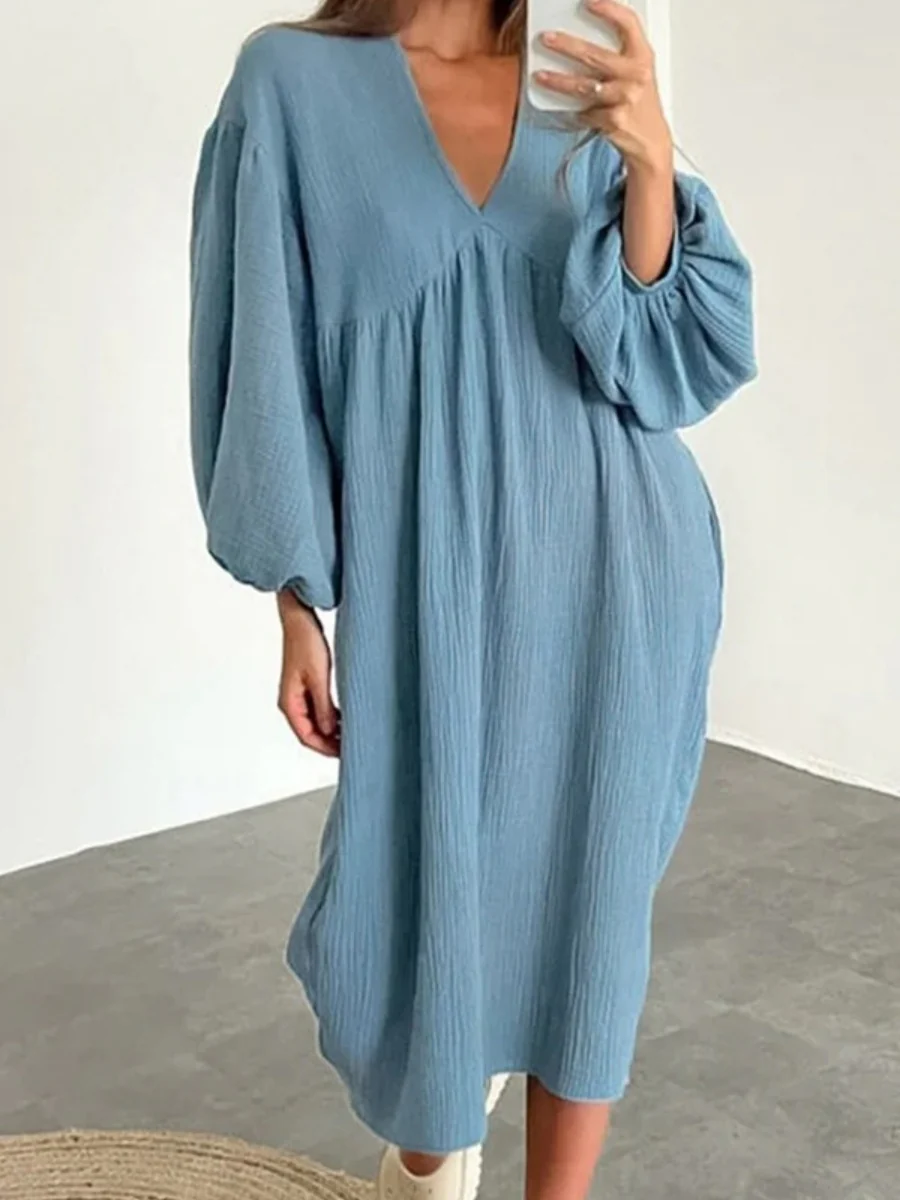 Cotton Blend Temperament V-neck Long Sleeve Loose-fit Home Vacation Mini&Short Dresses - Image 3