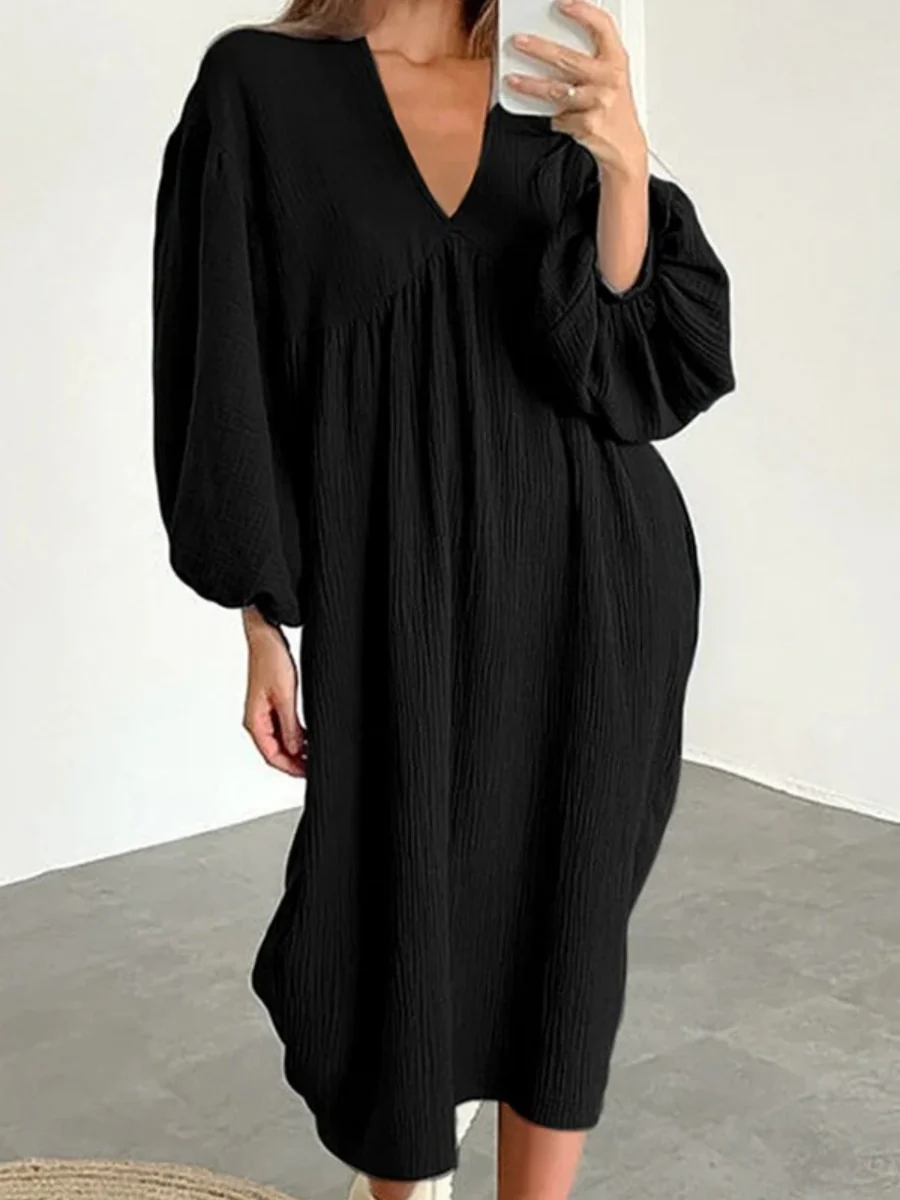 Cotton Blend Temperament V-neck Long Sleeve Loose-fit Home Vacation Mini&Short Dresses - Image 4