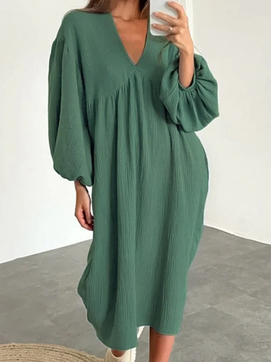 Cotton Blend Temperament V-neck Long Sleeve Loose-fit Home Vacation Mini&Short Dresses - Image 5