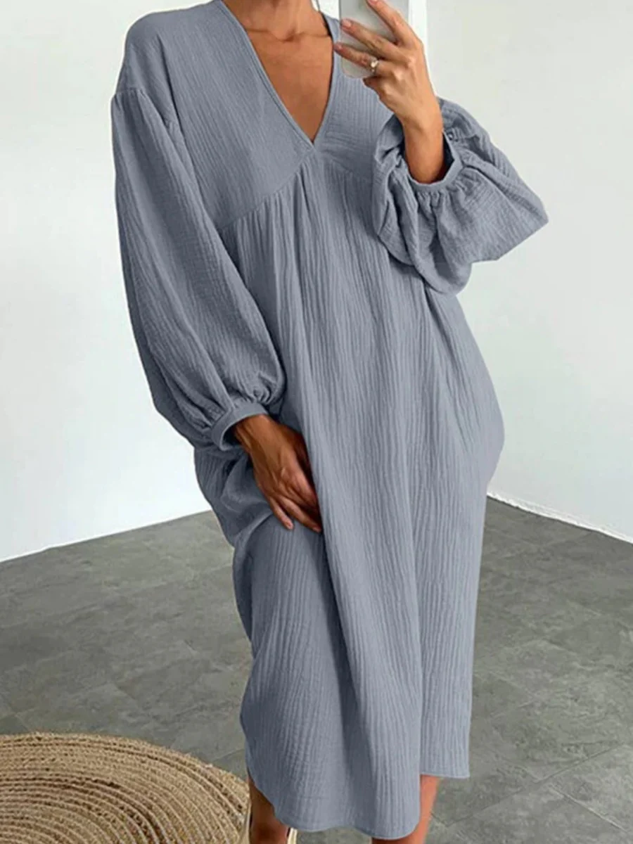 Cotton Blend Temperament V-neck Long Sleeve Loose-fit Home Vacation Mini&Short Dresses - Image 6