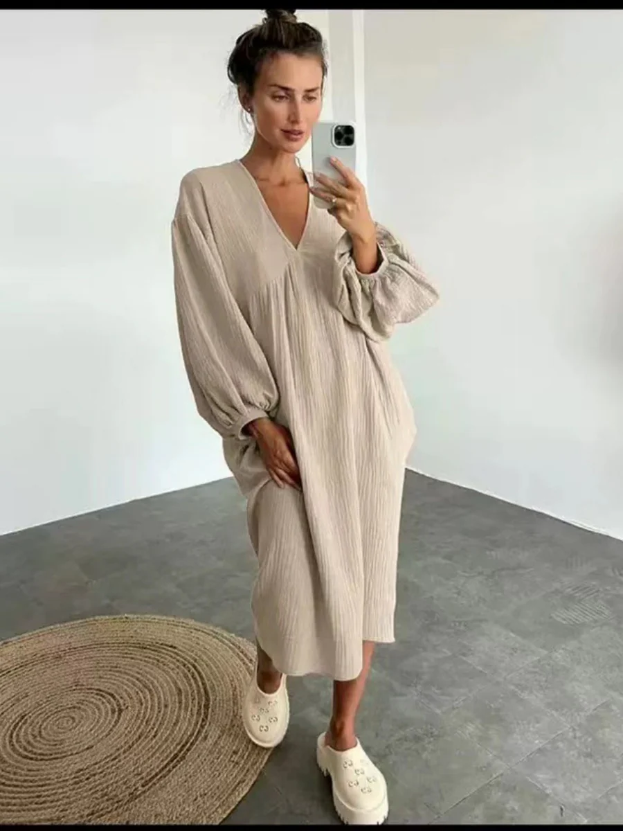 Cotton Blend Temperament V-neck Long Sleeve Loose-fit Home Vacation Mini&Short Dresses - Image 7
