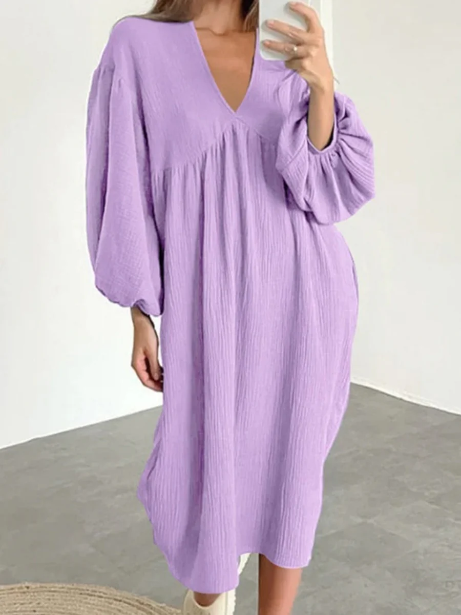 Cotton Blend Temperament V-neck Long Sleeve Loose-fit Home Vacation Mini&Short Dresses - Image 8