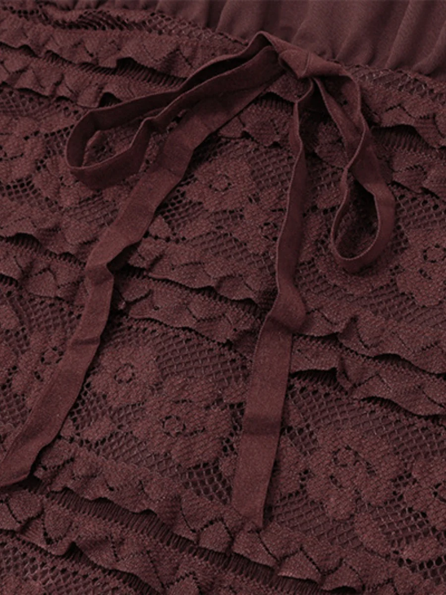 Square Collar Lace Trim Lace Up Long Sleeve Mini&Short Dresses - Image 10