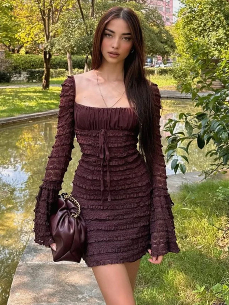 Square Collar Lace Trim Lace Up Long Sleeve Mini&Short Dresses - Image 4