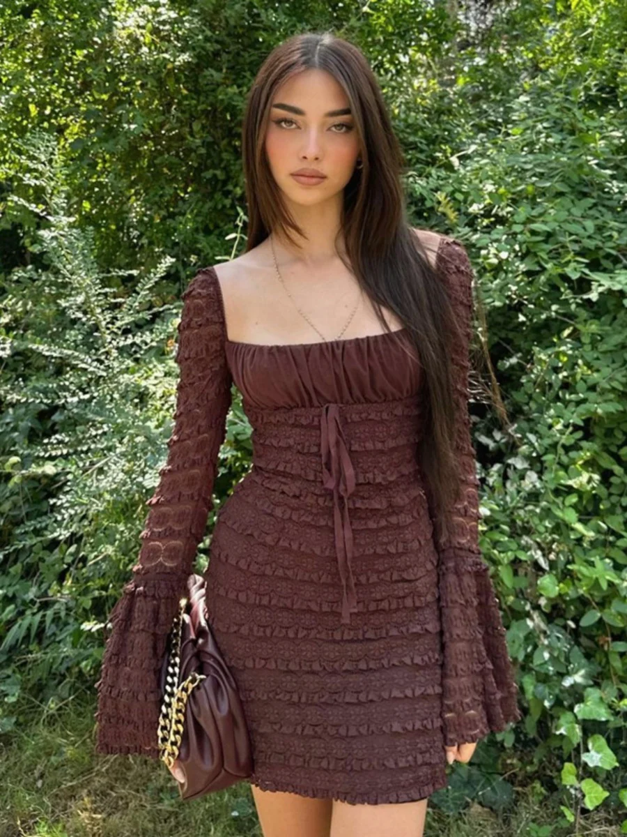 Square Collar Lace Trim Lace Up Long Sleeve Mini&Short Dresses - Image 5