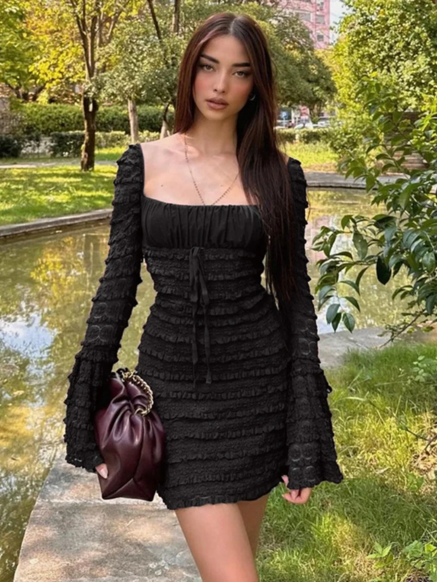 Square Collar Lace Trim Lace Up Long Sleeve Mini&Short Dresses - Image 6