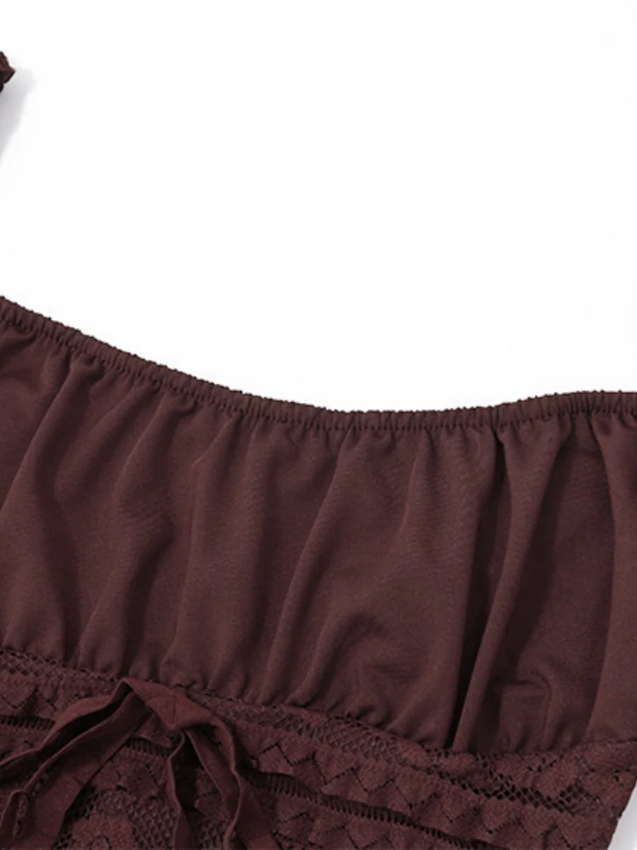 Square Collar Lace Trim Lace Up Long Sleeve Mini&Short Dresses - Image 9