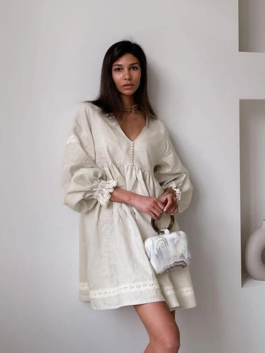 Cotton Blend Temperament V-neck Long Sleeve Loose-fit Home Vacation Mini&Short Dresses - Image 2