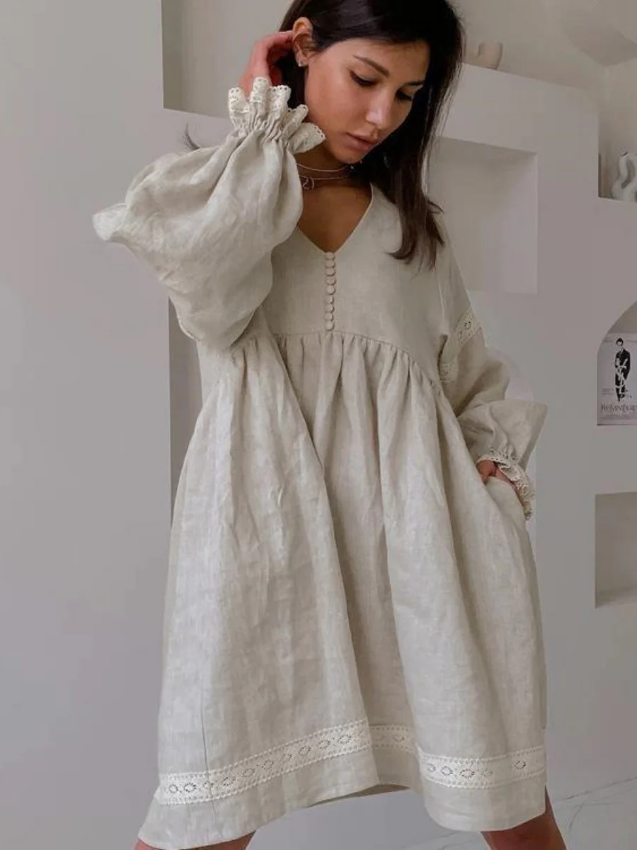 Cotton Blend Temperament V-neck Long Sleeve Loose-fit Home Vacation Mini&Short Dresses - Image 3