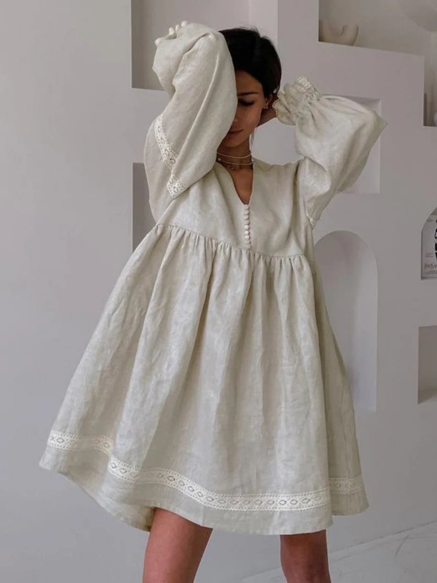 Cotton Blend Temperament V-neck Long Sleeve Loose-fit Home Vacation Mini&Short Dresses - Image 4
