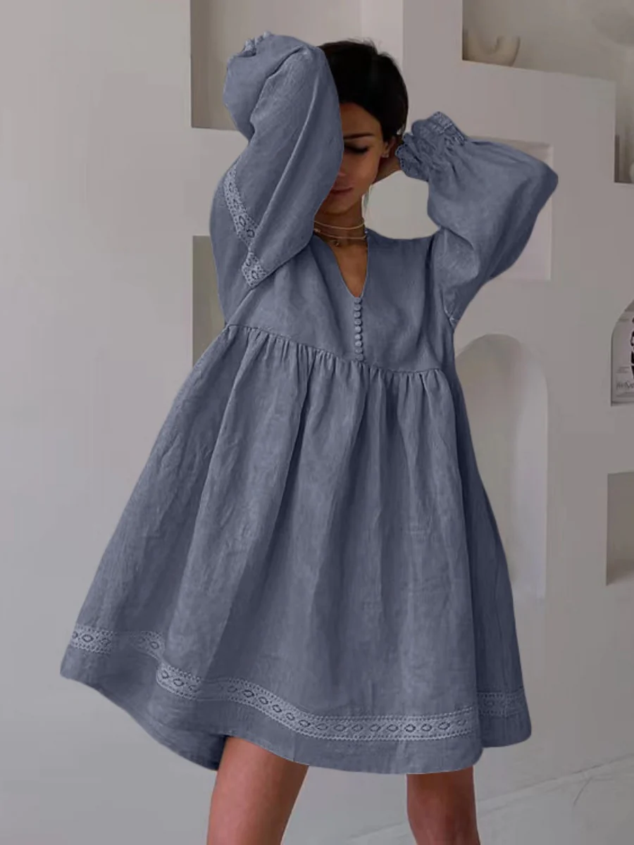 Cotton Blend Temperament V-neck Long Sleeve Loose-fit Home Vacation Mini&Short Dresses - Image 5