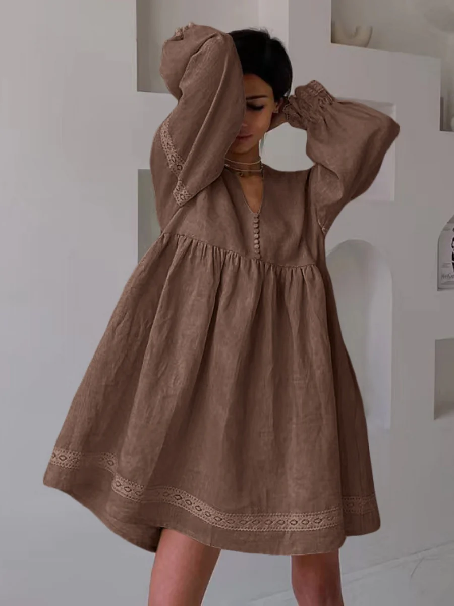 Cotton Blend Temperament V-neck Long Sleeve Loose-fit Home Vacation Mini&Short Dresses - Image 6