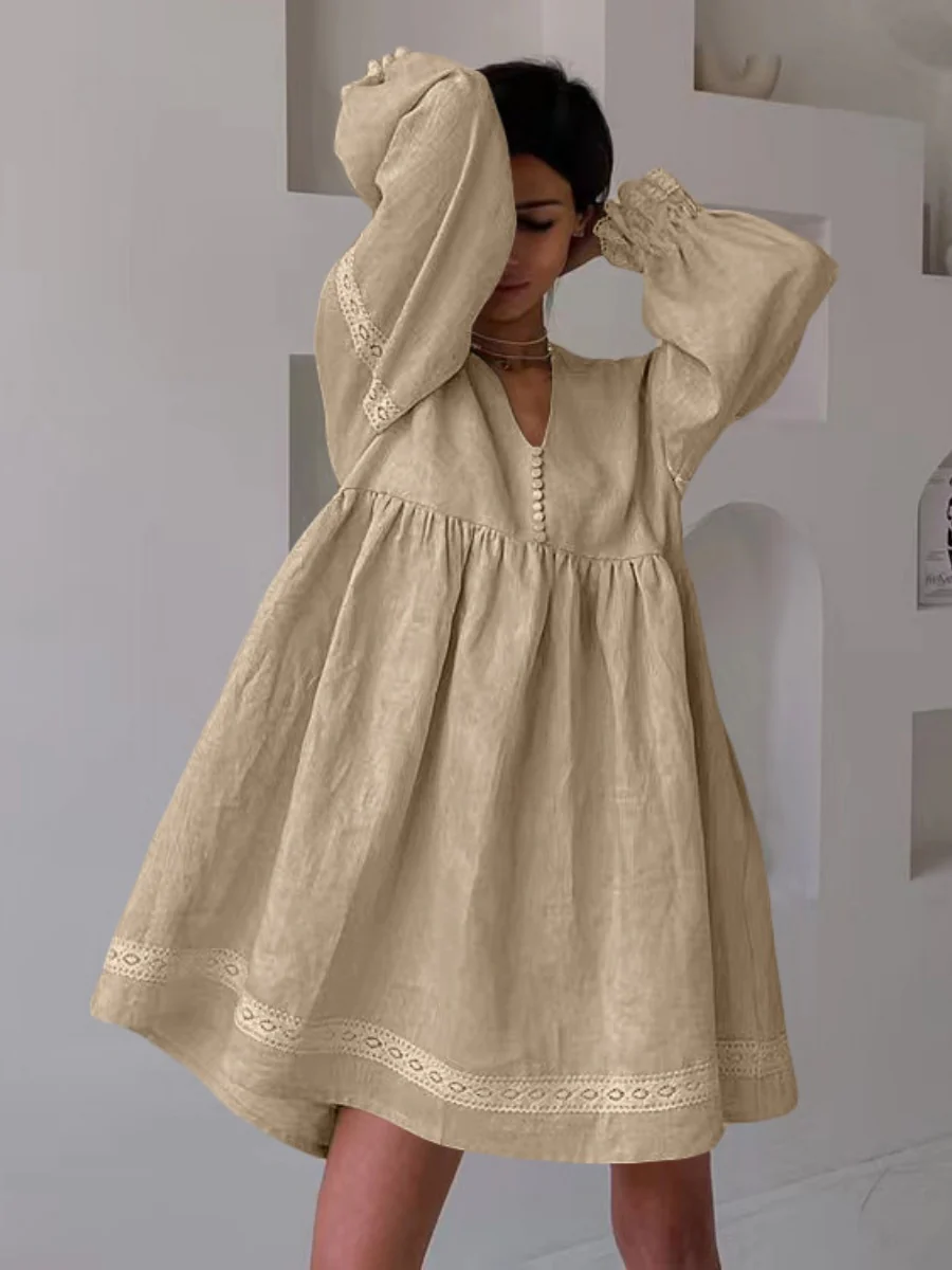 Cotton Blend Temperament V-neck Long Sleeve Loose-fit Home Vacation Mini&Short Dresses - Image 7