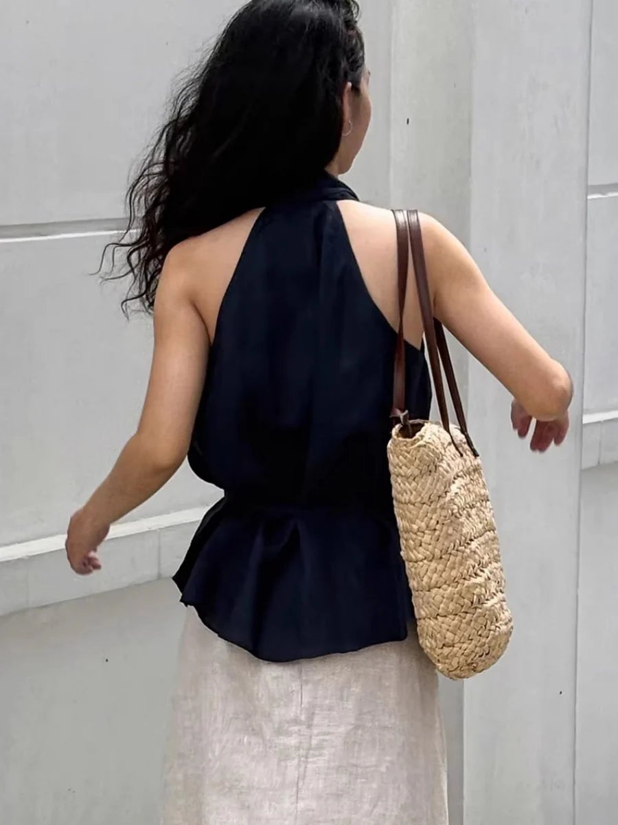 Cotton Blend Halter Navy Blue Lace Up Comfort Temperament Commuting Tank Tops - Image 2