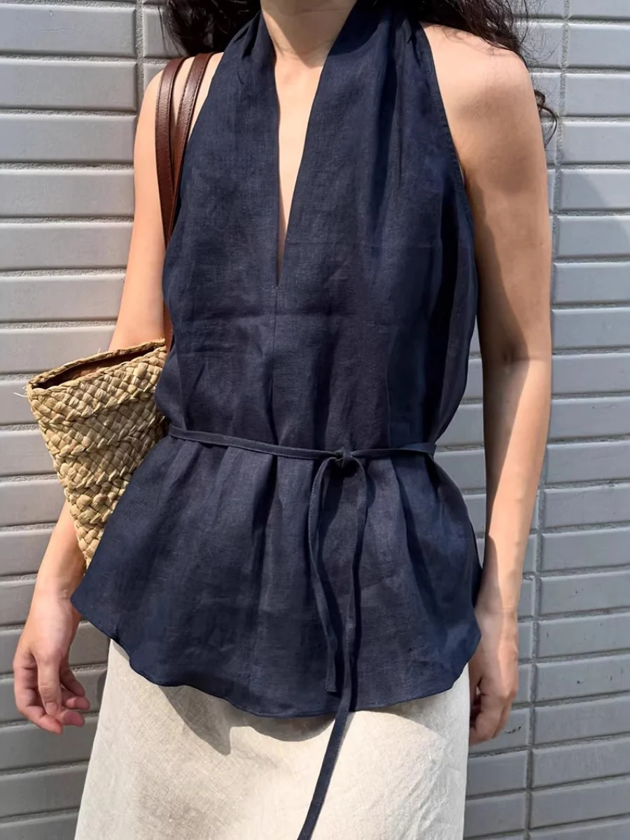 Cotton Blend Halter Navy Blue Lace Up Comfort Temperament Commuting Tank Tops - Image 3