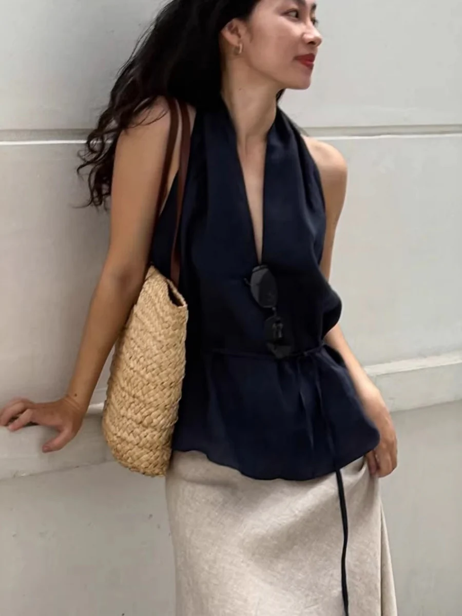 Cotton Blend Halter Navy Blue Lace Up Comfort Temperament Commuting Tank Tops - Image 4