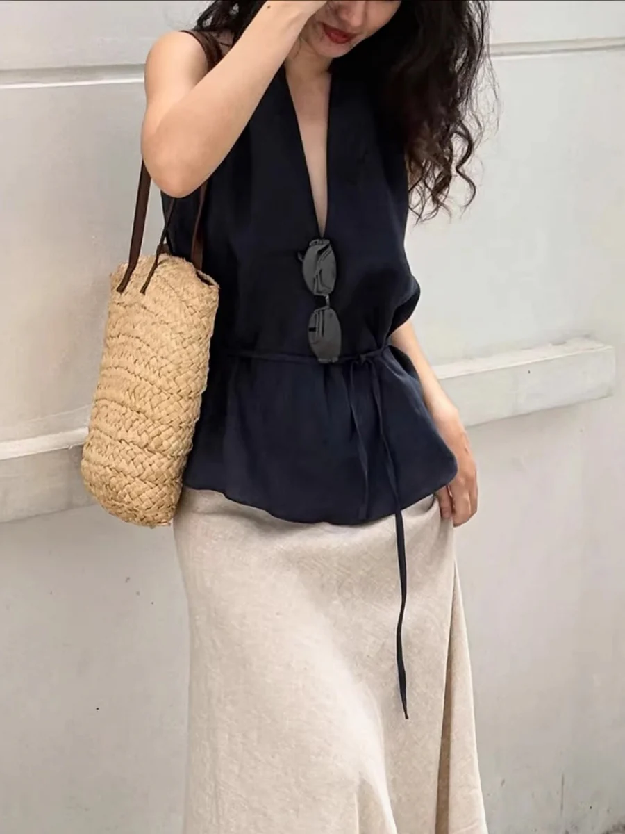 Cotton Blend Halter Navy Blue Lace Up Comfort Temperament Commuting Tank Tops - Image 5