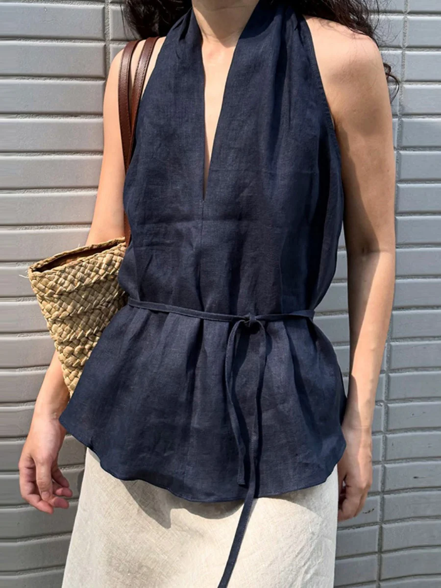Cotton Blend Halter Navy Blue Lace Up Comfort Temperament Commuting Tank Tops - Image 6