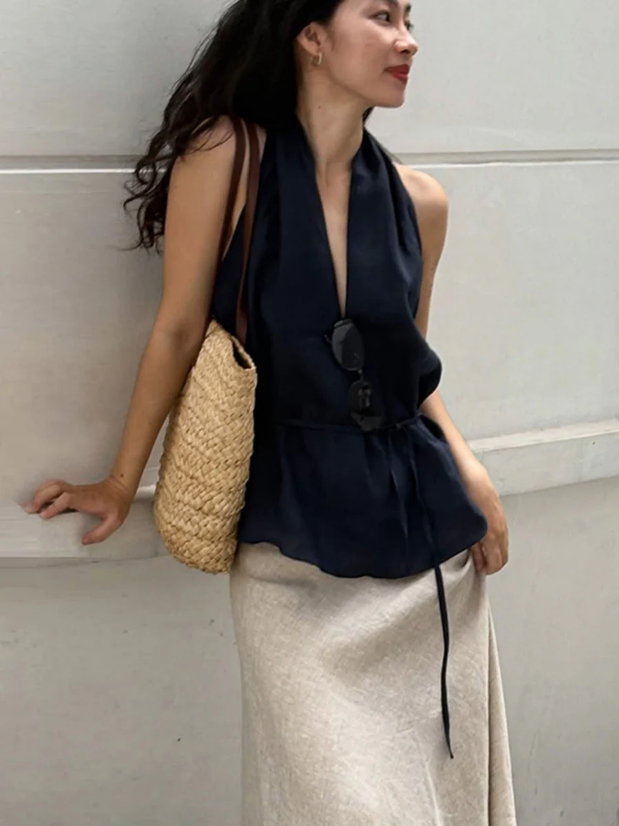 Cotton Blend Halter Navy Blue Lace Up Comfort Temperament Commuting Tank Tops - Image 8