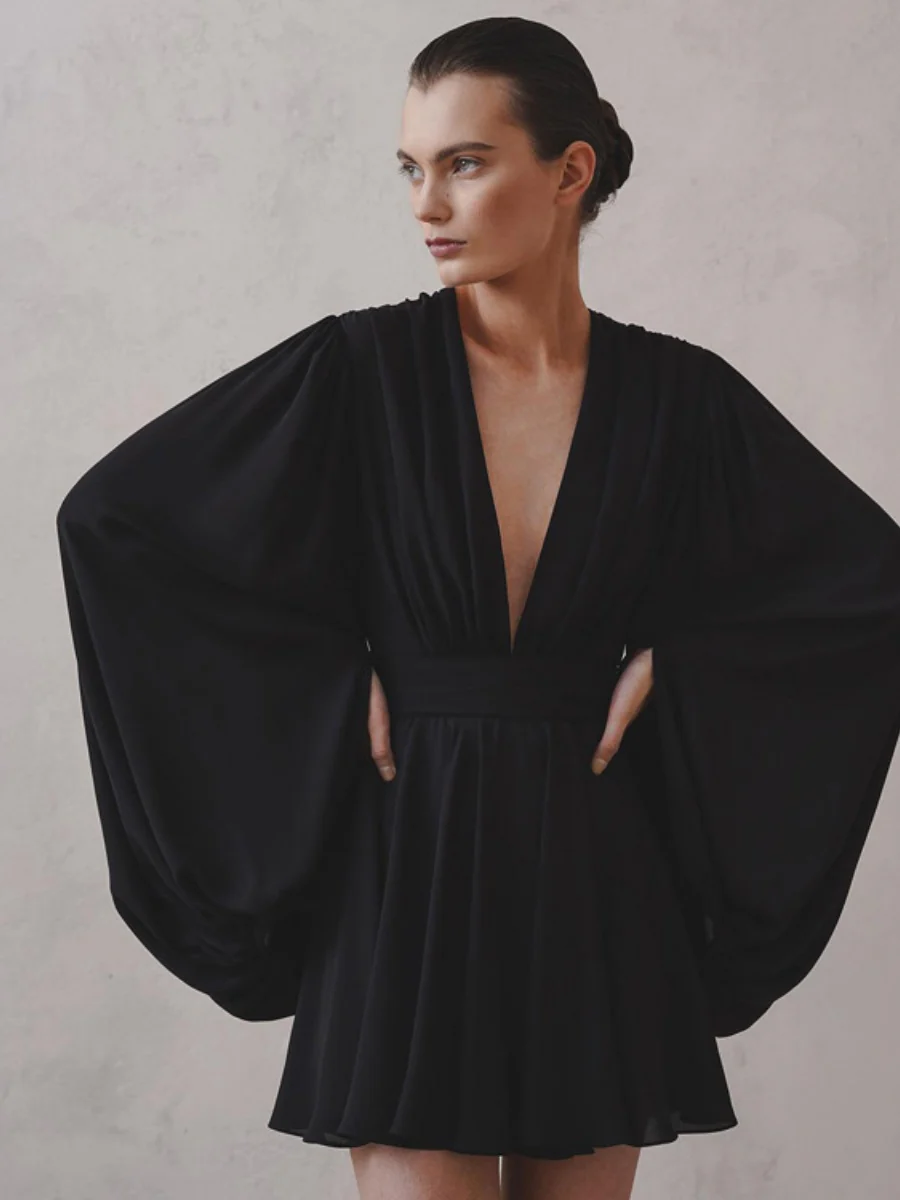 V-neck Flared Sleeves Waist Mini&Short Dresses - Image 2