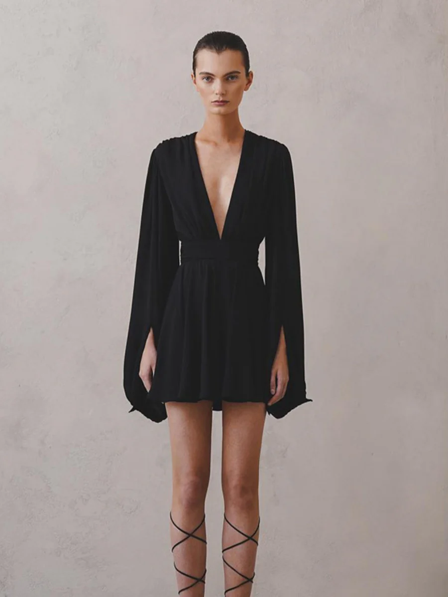 V-neck Flared Sleeves Waist Mini&Short Dresses - Image 3