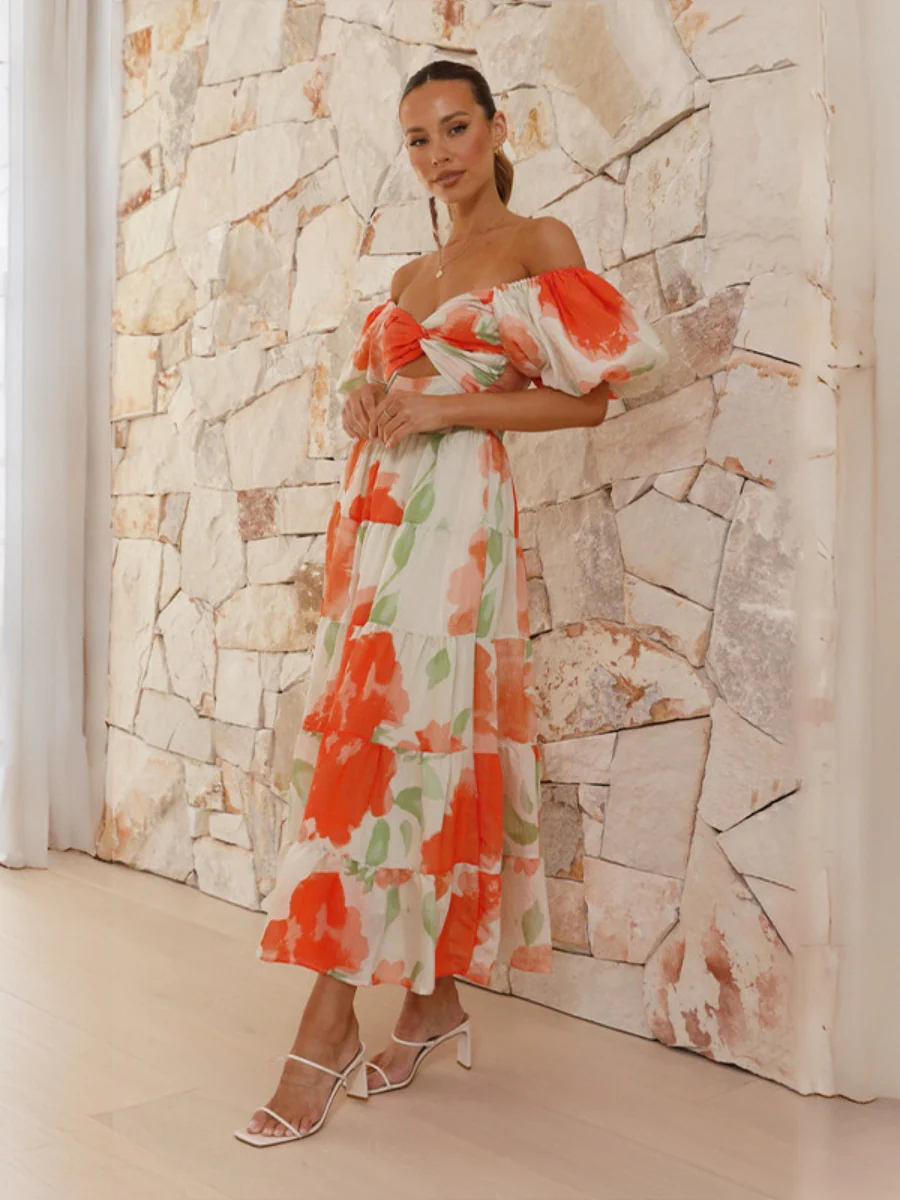 Printed Puff Sleeve Sweetheart Collar Vacation Maxi Dresses - Image 10