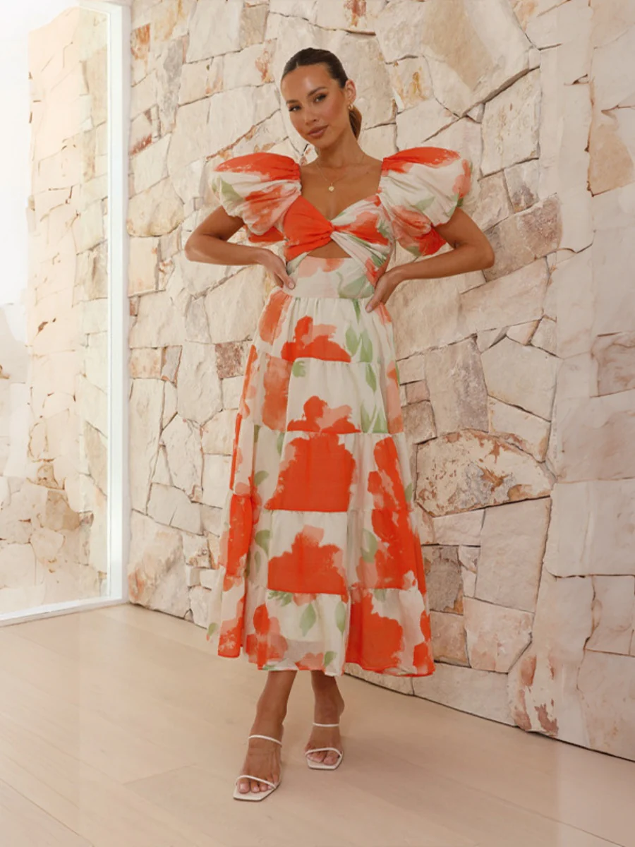 Printed Puff Sleeve Sweetheart Collar Vacation Maxi Dresses - Image 11