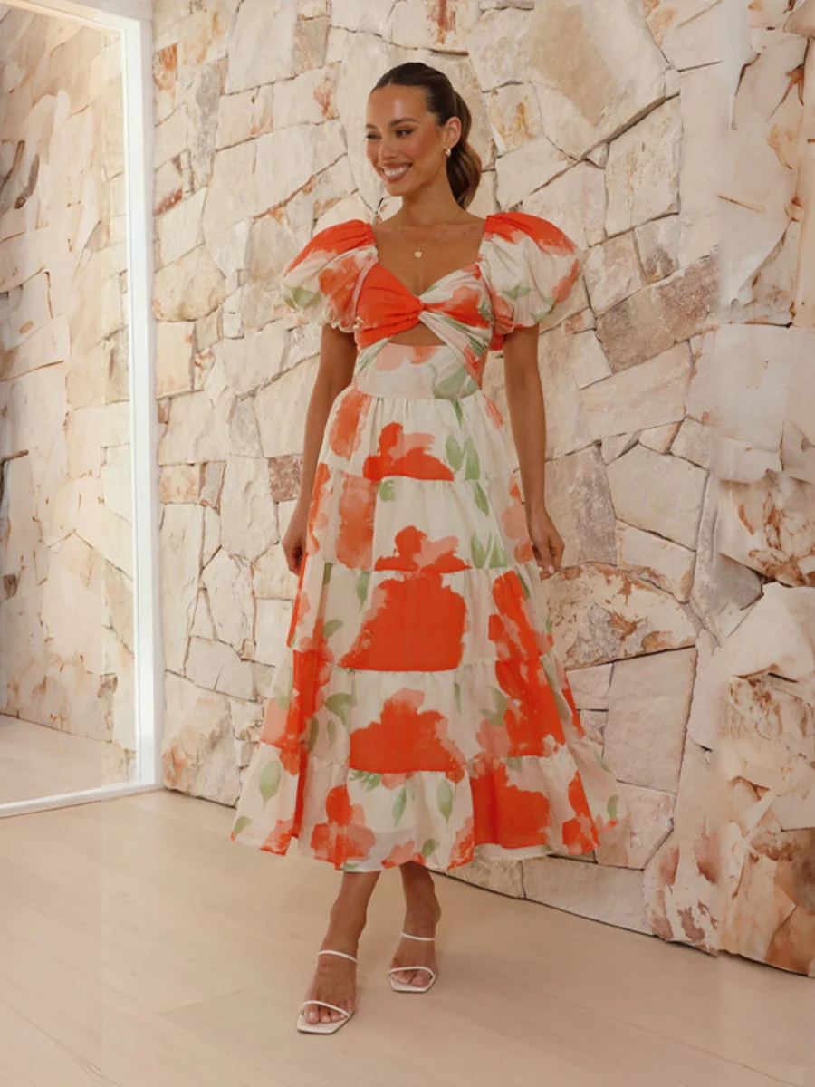 Printed Puff Sleeve Sweetheart Collar Vacation Maxi Dresses - Image 12