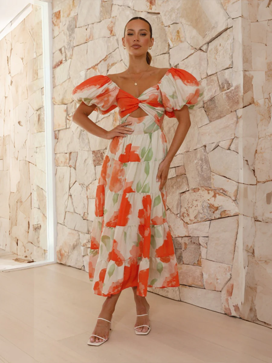 Printed Puff Sleeve Sweetheart Collar Vacation Maxi Dresses - Image 14