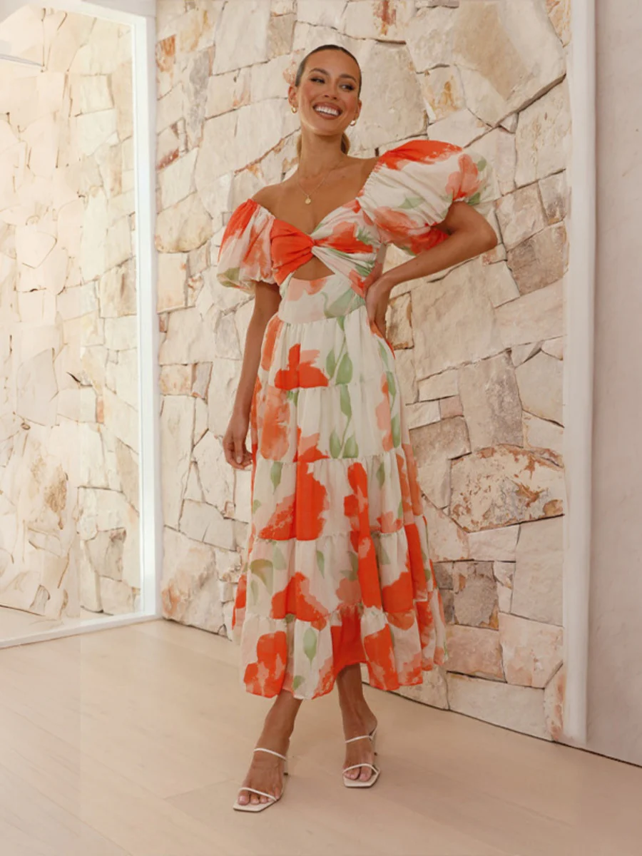 Printed Puff Sleeve Sweetheart Collar Vacation Maxi Dresses - Image 15