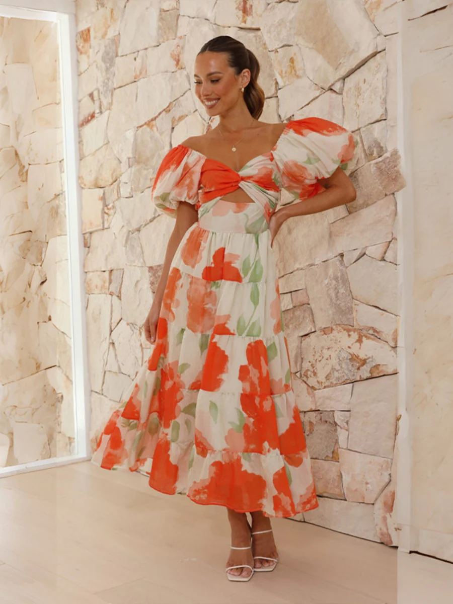 Printed Puff Sleeve Sweetheart Collar Vacation Maxi Dresses - Image 16