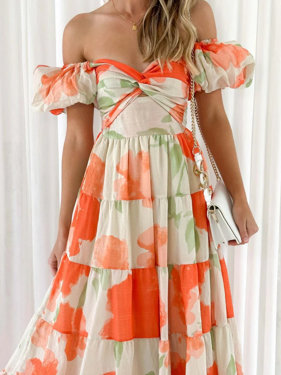 Printed Puff Sleeve Sweetheart Collar Vacation Maxi Dresses - Image 2