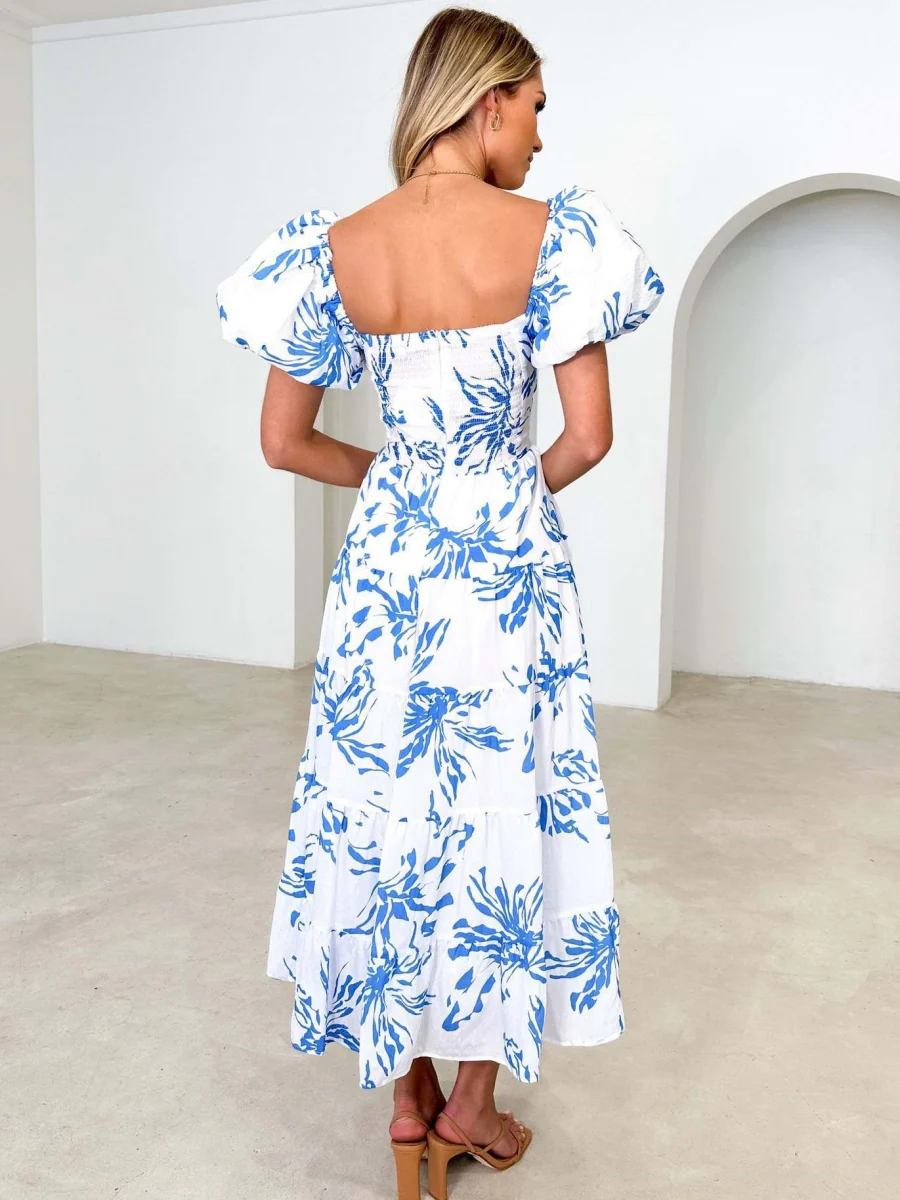 Printed Puff Sleeve Sweetheart Collar Vacation Maxi Dresses - Image 20