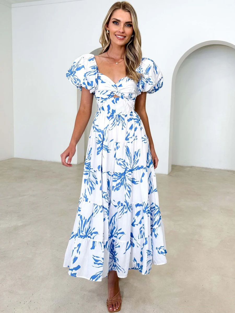 Printed Puff Sleeve Sweetheart Collar Vacation Maxi Dresses - Image 22