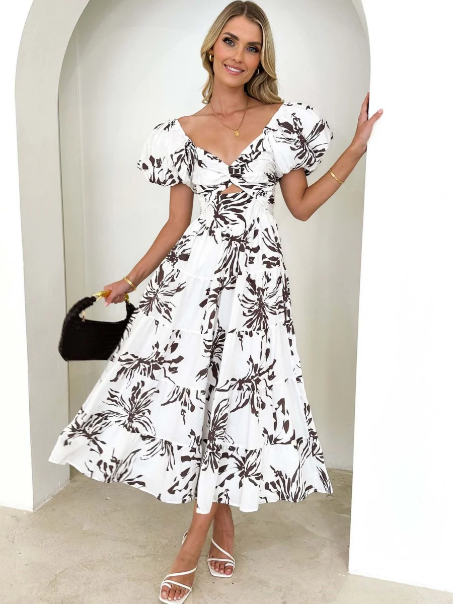 Printed Puff Sleeve Sweetheart Collar Vacation Maxi Dresses - Image 24