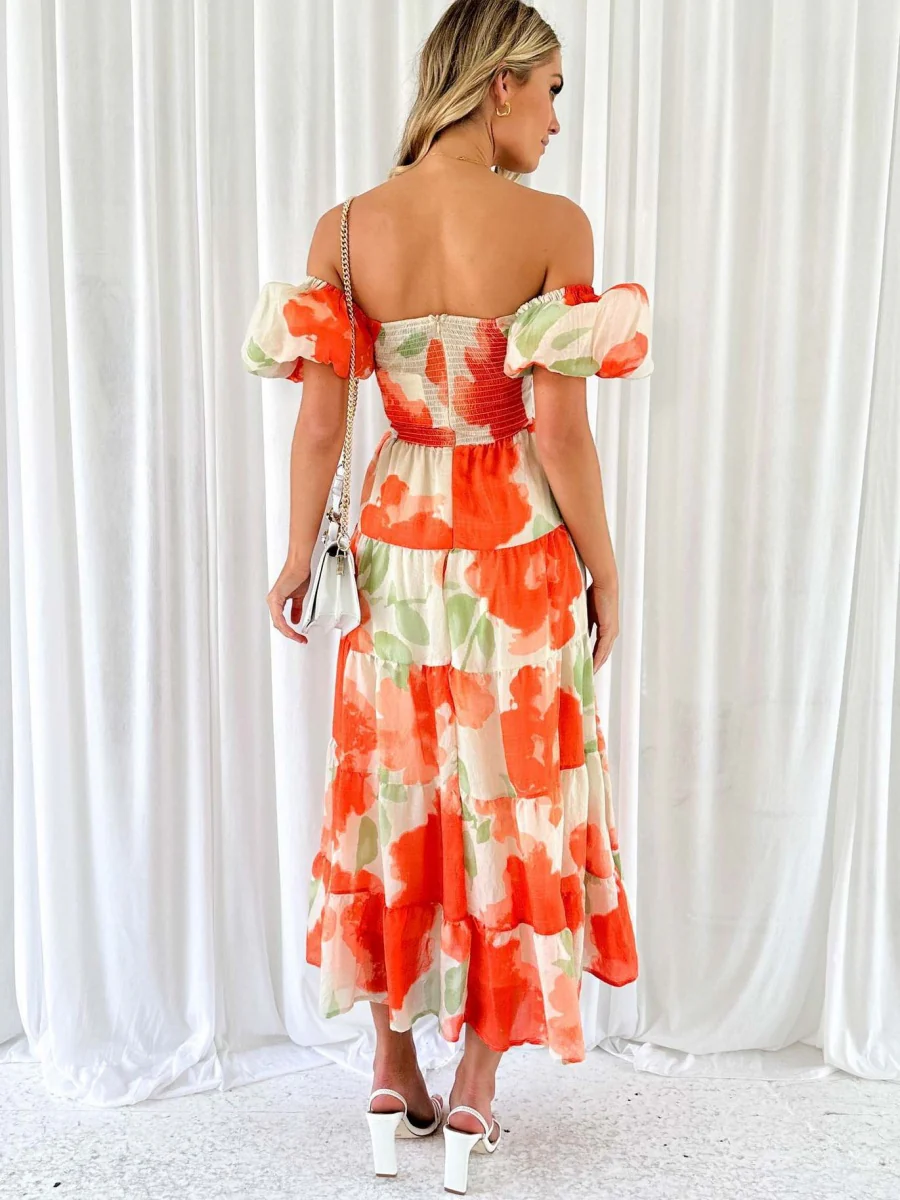 Printed Puff Sleeve Sweetheart Collar Vacation Maxi Dresses - Image 3