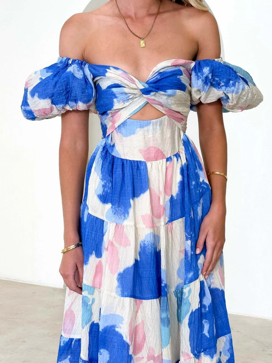 Printed Puff Sleeve Sweetheart Collar Vacation Maxi Dresses - Image 31