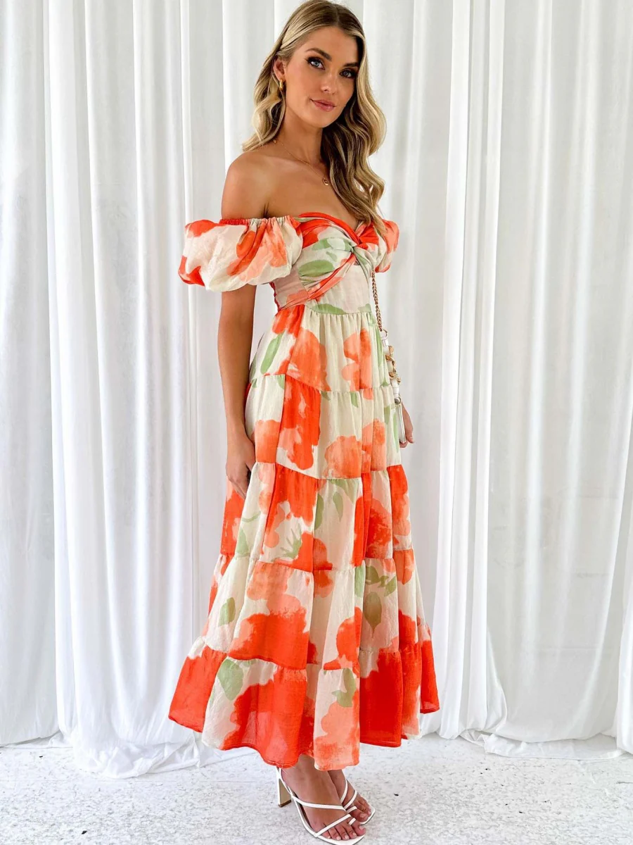 Printed Puff Sleeve Sweetheart Collar Vacation Maxi Dresses - Image 4
