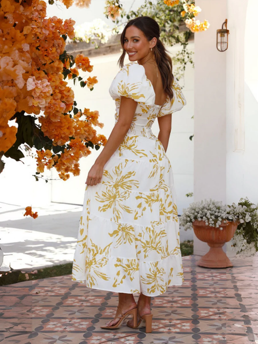 Printed Puff Sleeve Sweetheart Collar Vacation Maxi Dresses - Image 40