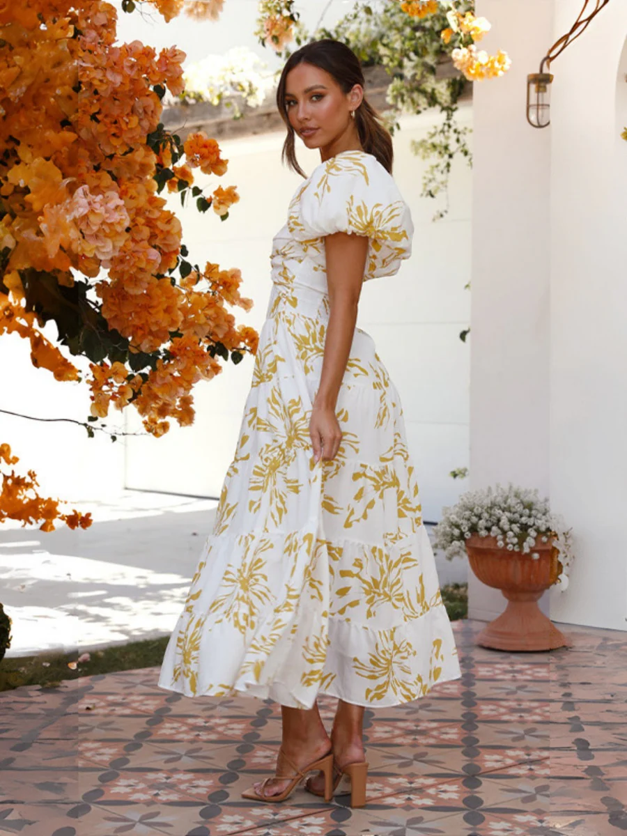 Printed Puff Sleeve Sweetheart Collar Vacation Maxi Dresses - Image 41