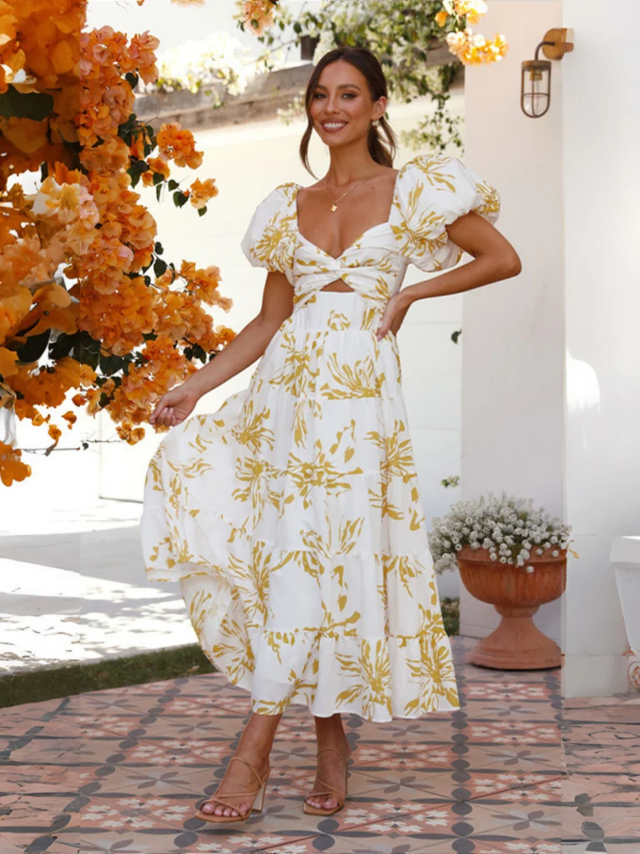 Printed Puff Sleeve Sweetheart Collar Vacation Maxi Dresses - Image 44