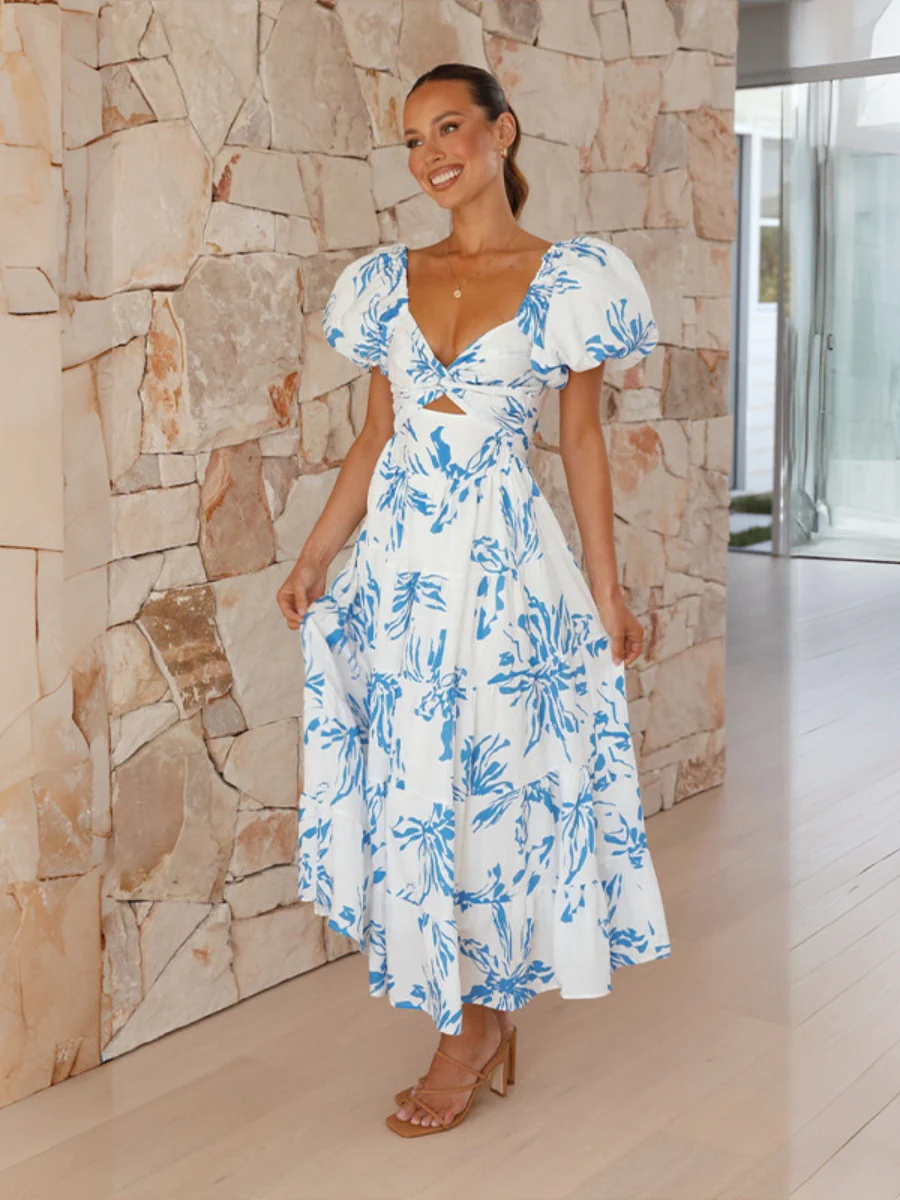 Printed Puff Sleeve Sweetheart Collar Vacation Maxi Dresses - Image 45