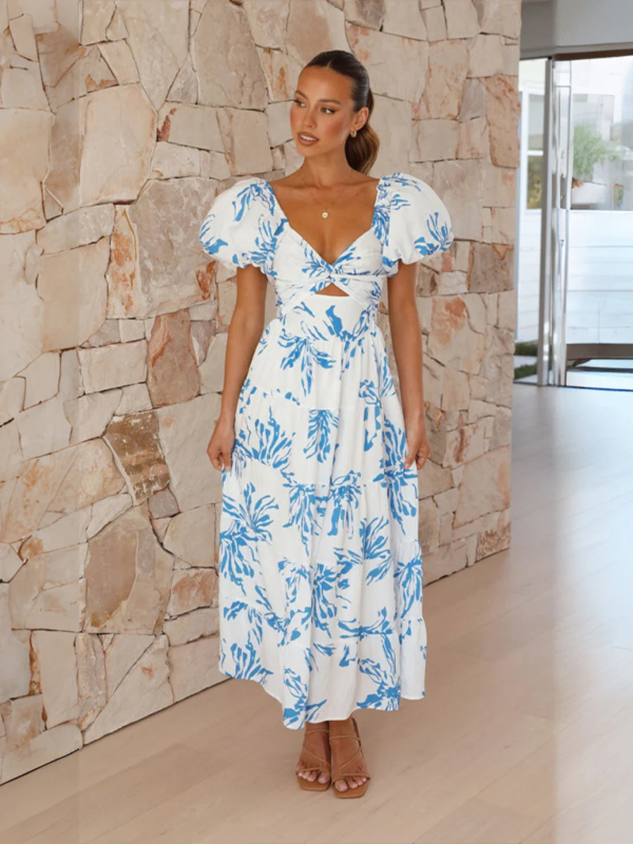 Printed Puff Sleeve Sweetheart Collar Vacation Maxi Dresses - Image 49