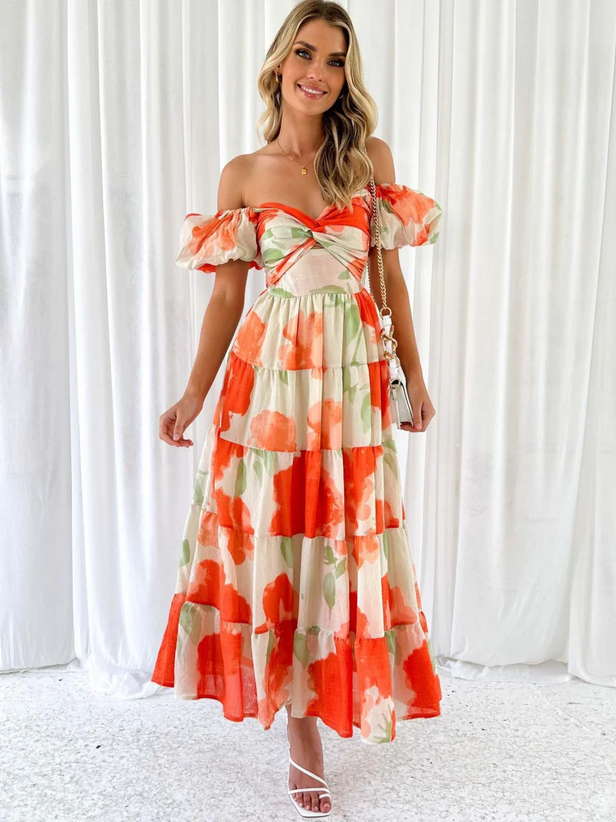 Printed Puff Sleeve Sweetheart Collar Vacation Maxi Dresses - Image 5