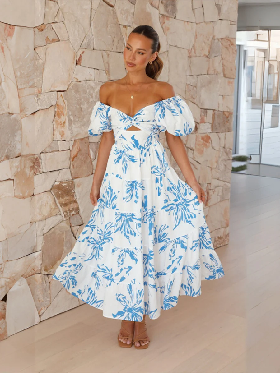 Printed Puff Sleeve Sweetheart Collar Vacation Maxi Dresses - Image 52